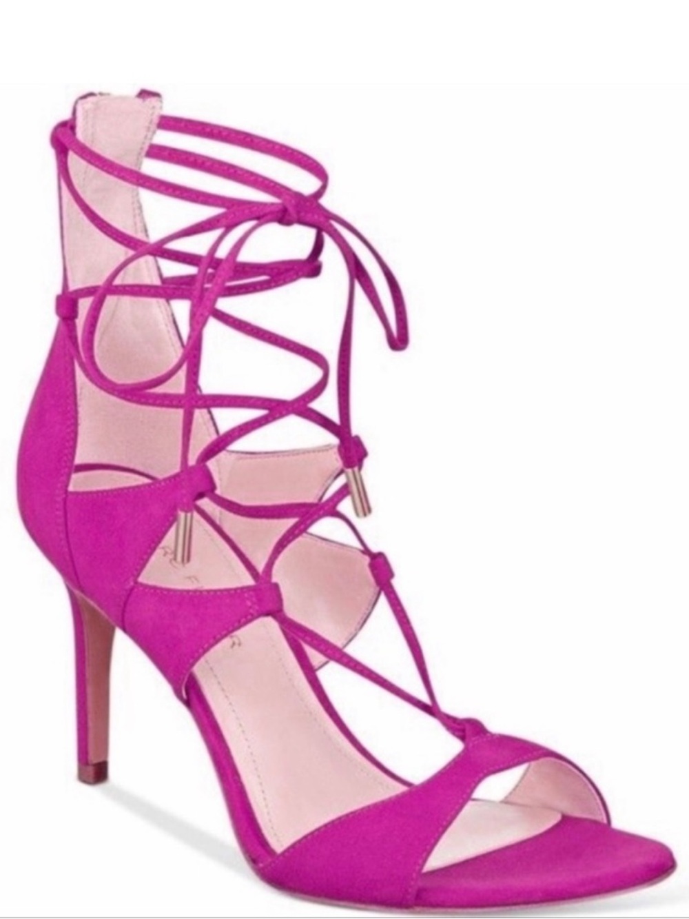 🔴 4/$15 Marc Fisher Women’s 8 Fuchsia Pink Faux Suede Open Toe Lace-Up Heels GUC